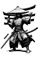 Japanese Ronin wielding katana and wearing strawhat with torii gate behind tattoo design idea