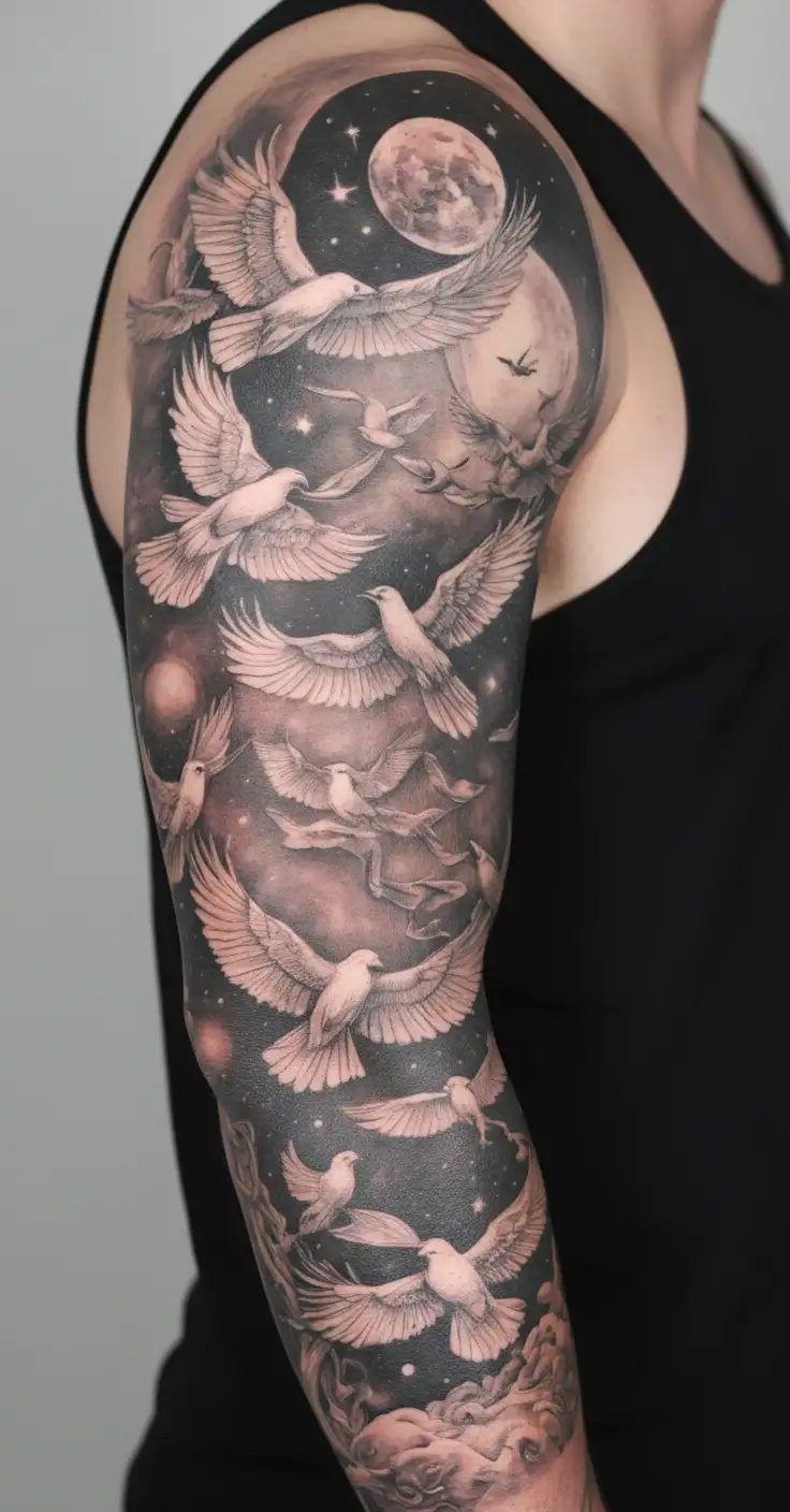 A celestial sleeve tattoo featuring various birds flying through space tattoo design idea