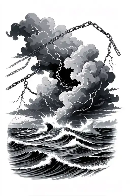 stormy ocean crashing lighting clouds surrounding with chains  tattoo design idea