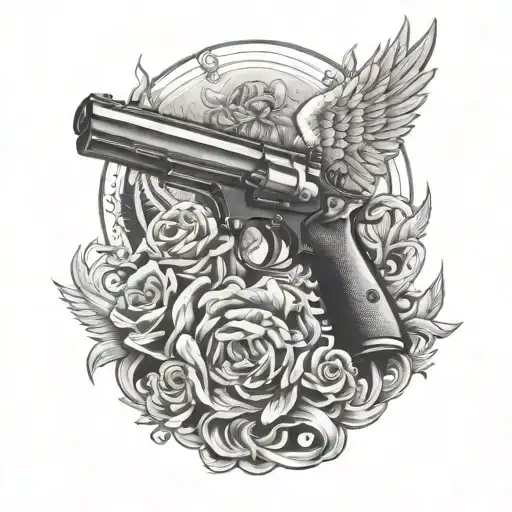 gun and smoke and angel wings tattoo design idea