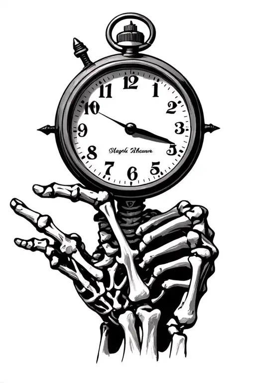 a old stop watch with two hannds pointing at it from both sides, 1 hand skeletton second normal and under the skeleton h tattoo design idea