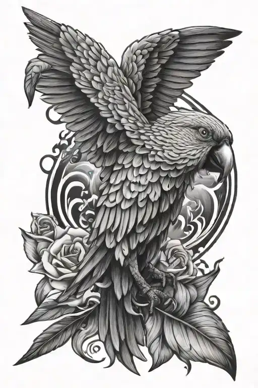 bob, parrot, fire mixes with water tattoo design idea