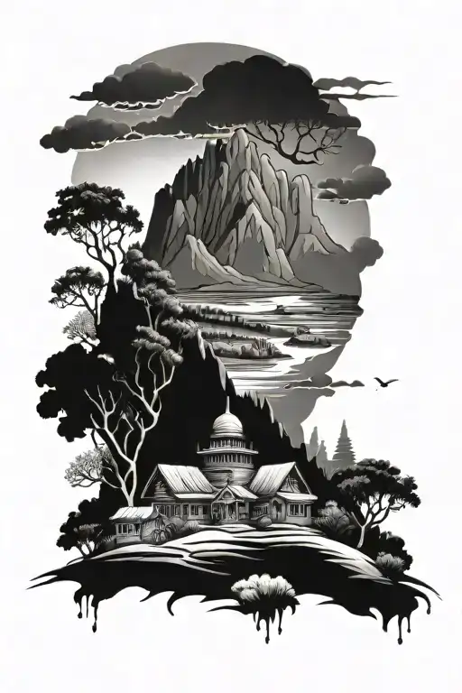 family protector, landscape, indian tattoo design idea