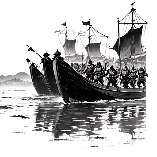 mongolian army of boats and warriors entering japan on to the beach with boats from the japanese perspective samurai tattoo design idea