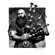scottish bagpiper bald black beard muscular wearing glengarry pipes in arm wings tattoo design idea