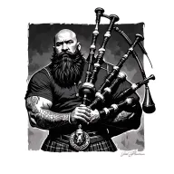 scottish bagpiper bald black beard muscular wearing glengarry pipes in arm wings tattoo design idea