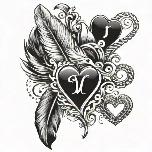 feather, heart, letter and infinity. tattoo design idea