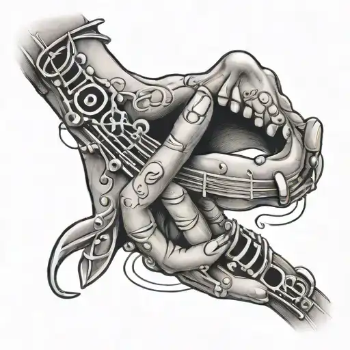 hand holding throat tattoo featuring musical notes tattoo design idea