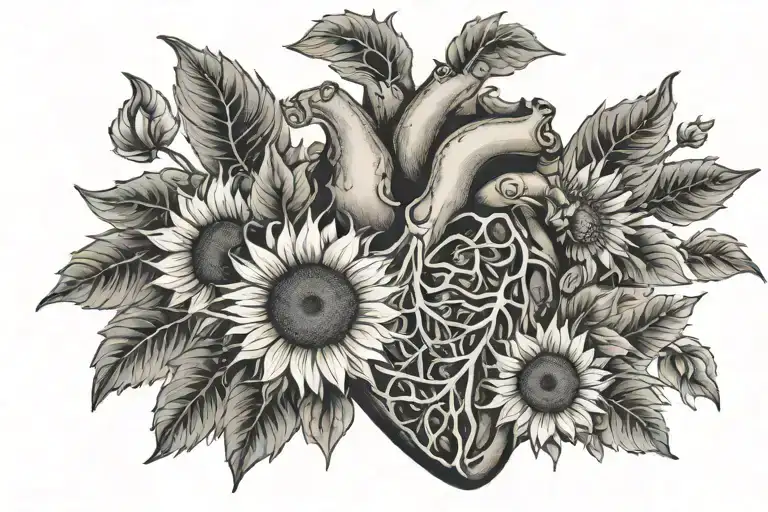 anatomical heart and sunflowers emerging tattoo design idea