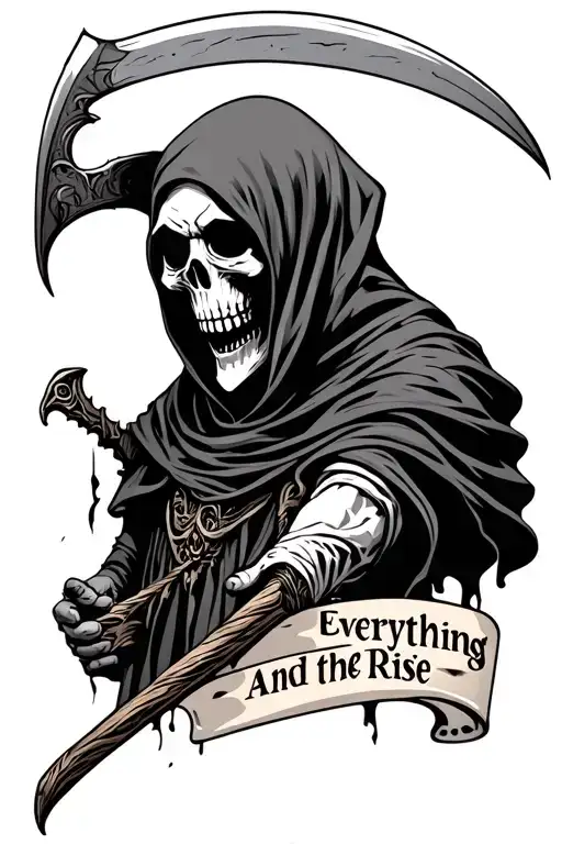 Make a grim reaper facing sideways and under the scythe is Face Everything And Rise on word on the other tattoo design idea