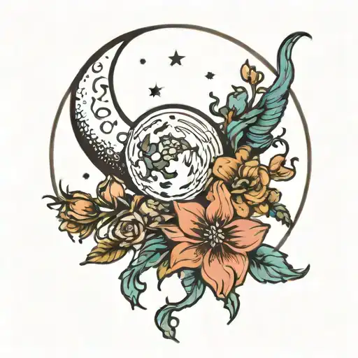 witchy moon and flowers tattoo design idea