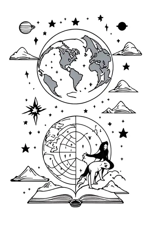 minimalist tattoodesign including books,moon,planets,stars,world map,paws,wolf,mountain,thunder,girl,sniper gun,clouds, tattoo design idea