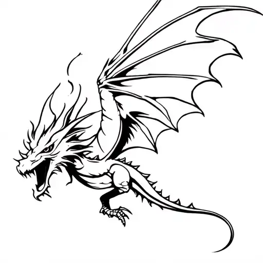 stencil of a flying dragon breathing fire tattoo design idea