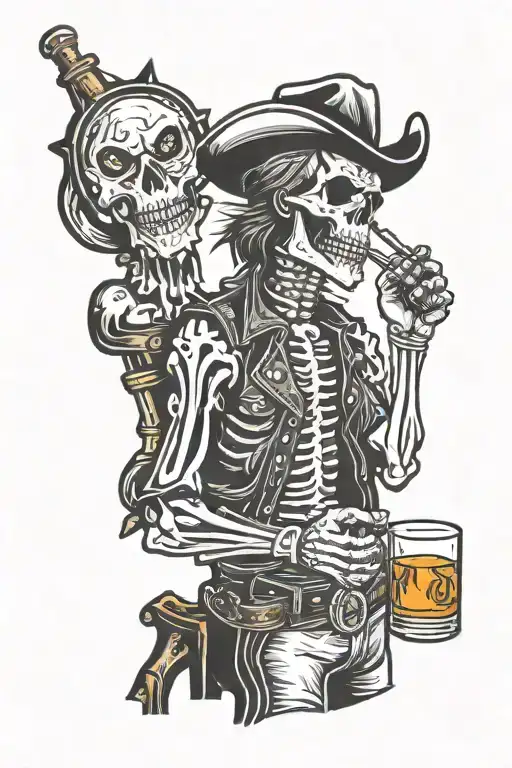 skeleton mullet cowboy smoking and drinking whiskey tattoo design idea