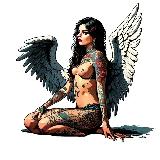  female angel; punk clothing, torn, revealing portions of butt, waist, and other skin.  tattoo design idea