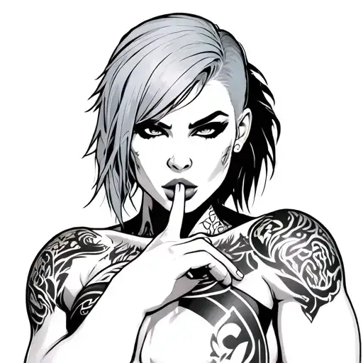female warrior with muscles, tattoos, undercut hairstyle with finger over lip to say say quiet  tattoo design idea