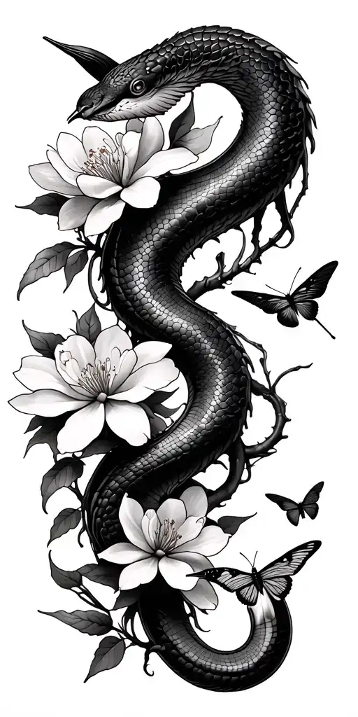 Shakti, cherry blossom, snake, hummingbird, dragonfly, butterflies tattoo design idea