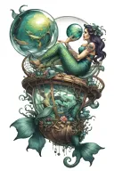 plus size mermaid suspending a ship in a bubble tattoo design idea