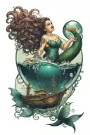 plus size mermaid suspending a ship in a bubble tattoo design idea