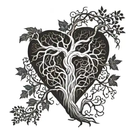 old tree with lots of vines and roots shaping like organ heart tattoo design idea