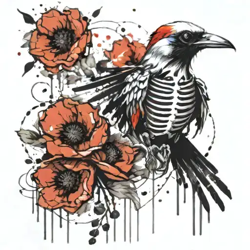 skeleton bird with poppy tattoo design idea