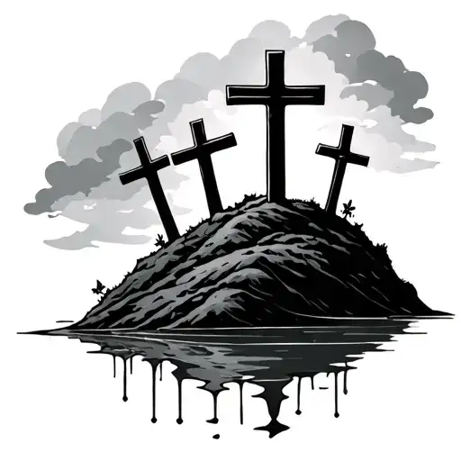 3 Crosses On A Hill with water  tattoo design idea