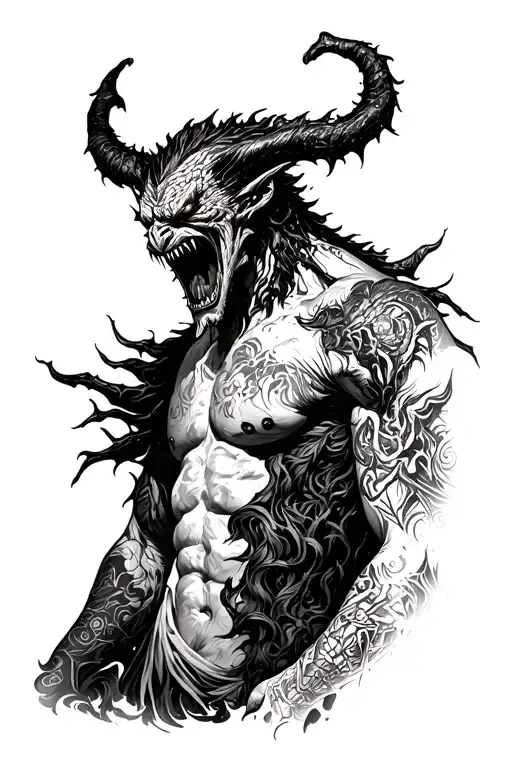 man facing demon in the dark tattoo design idea