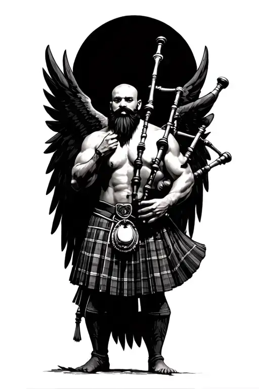 no legs shirtless muscular bagpiper bald black beard playing bagpipes hoge black wings tattoo design idea