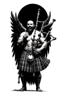 no legs shirtless muscular bagpiper bald black beard playing bagpipes hoge black wings tattoo design idea