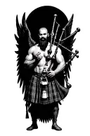 no legs shirtless muscular bagpiper bald black beard playing bagpipes hoge black wings tattoo design idea