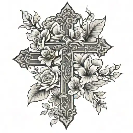 memorial tattoo cross with flowers growing tattoo design idea