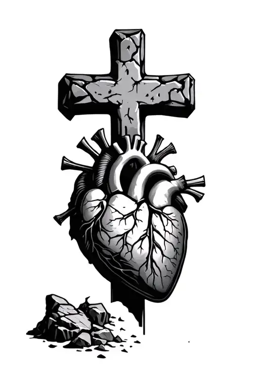 Stone cross one side crumbling into rock with anatomically correct heart  tattoo design idea
