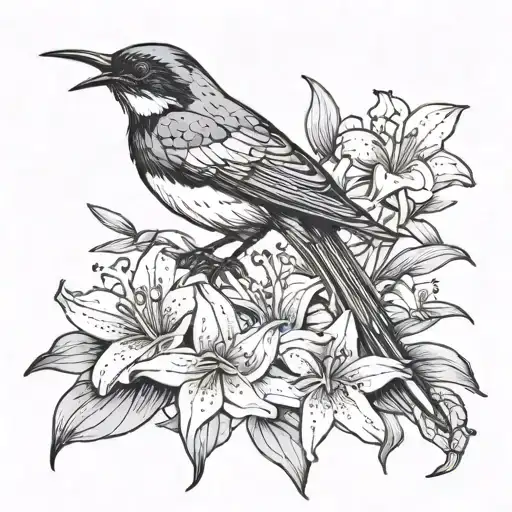 willie wagtail bird with tail flared and lily flowers. no background. some colour in bird and lilys but not too vibrant. tattoo design idea
