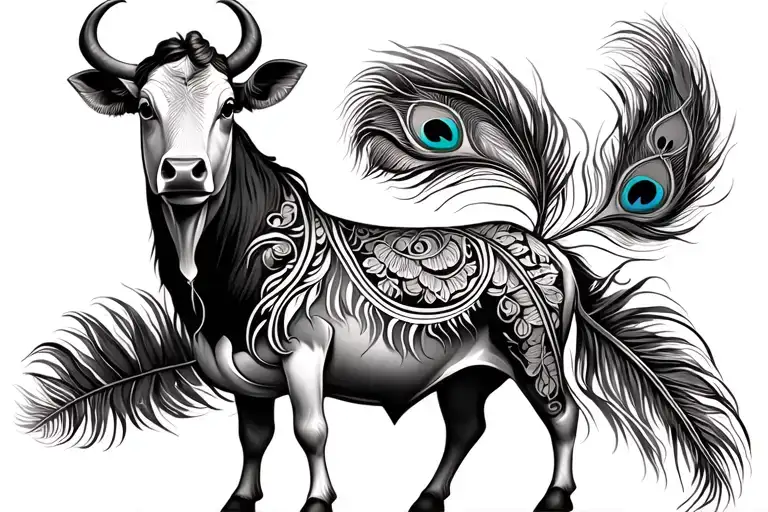 kamdhenu cow with peacock feather tattoo design idea