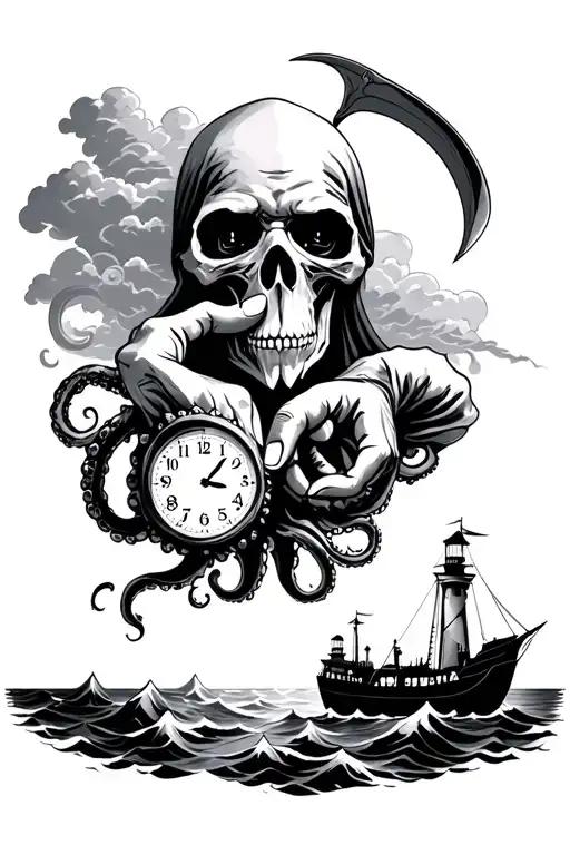 grim reaper hidden face, in the clouds, scythe and broken clock in hands. stormy sea, lighthouse, boat, octopus tentacle tattoo design idea