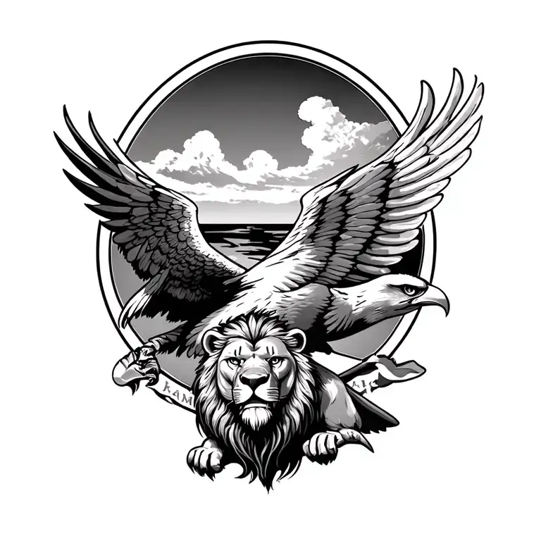 eagle with open wings and a lion below tattoo design idea