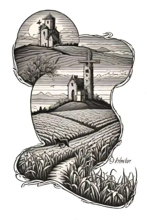 corn fields with cross on a hill and dog running up the hill  tattoo design idea