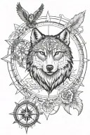wolf, owl, nautical compass rose intertwined tattoo design idea
