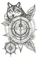 wolf, owl, nautical compass rose intertwined tattoo design idea
