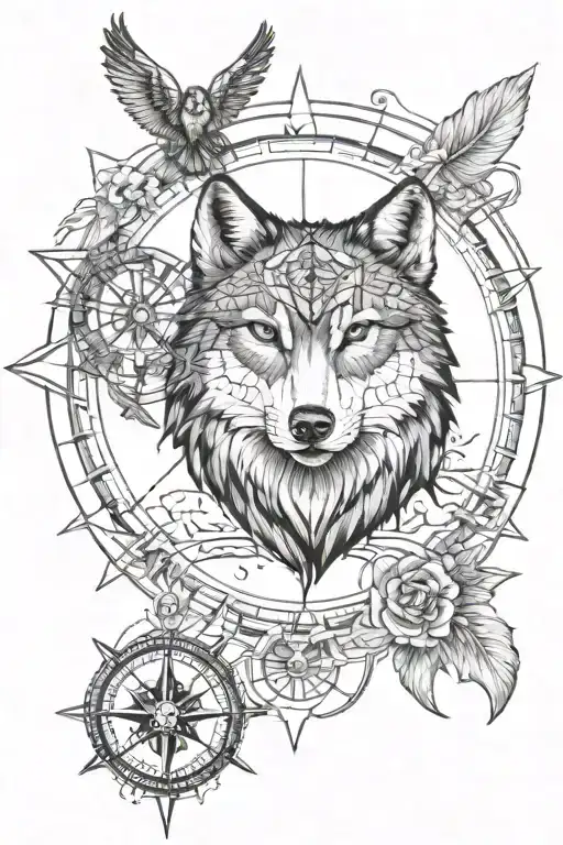 wolf, owl, nautical compass rose intertwined tattoo design idea