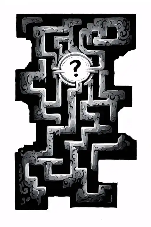 Maze with 7 entries, in the centre "?" tattoo design idea