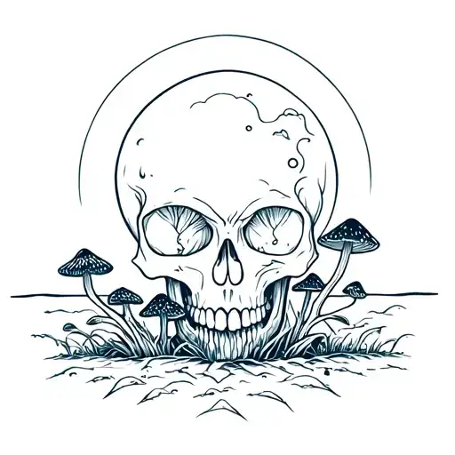 Skull with mushrooms growing inside with the moon merging together tattoo design idea