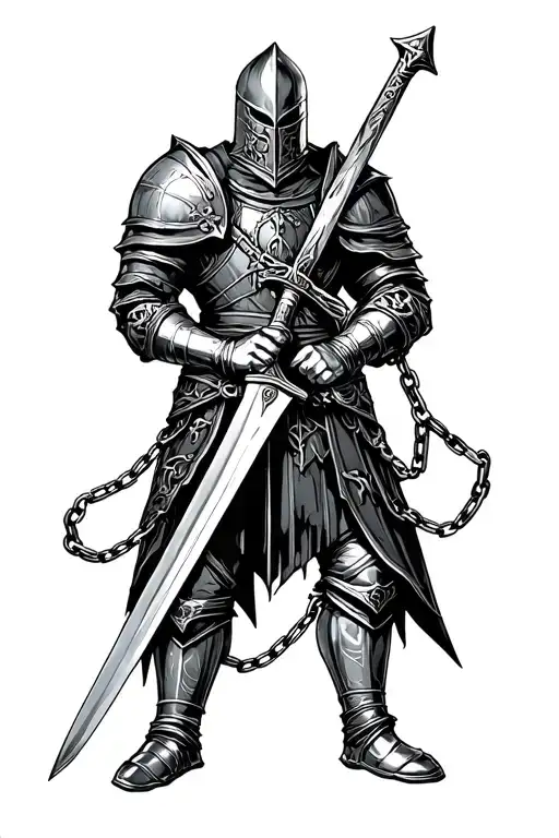 Chains, with gothic knight holding sword. tattoo design idea