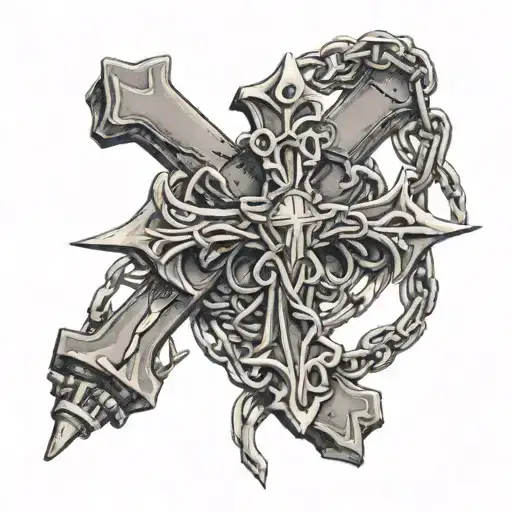 cross with barbed wire and a rosary  tattoo design idea