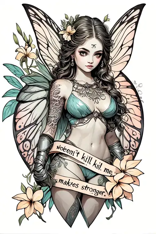 a warrior fairy, with ribbon that says "what doesn't kill me, makes me stronger" with freesias tattoo design idea