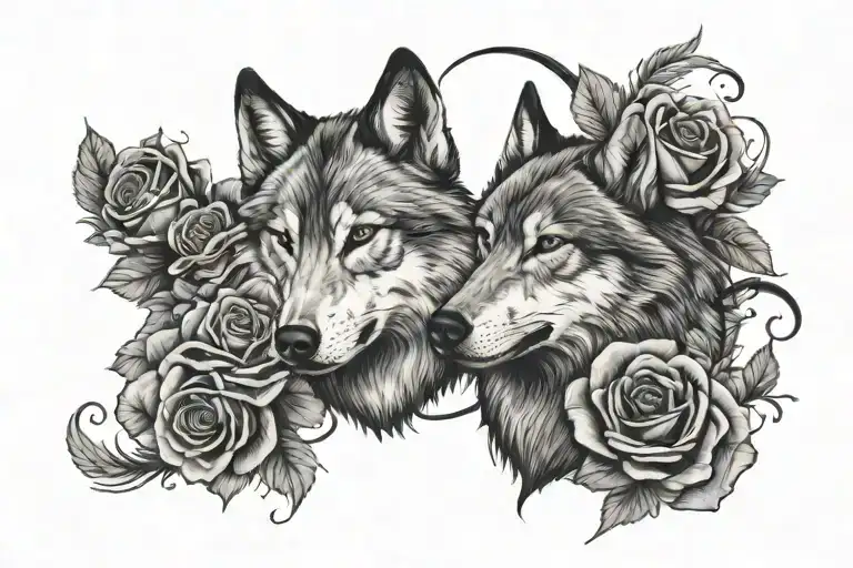 A tattoo that connects two tattoos one a wolf head of the left back shoulder and a half moon and roses on the right back tattoo design idea