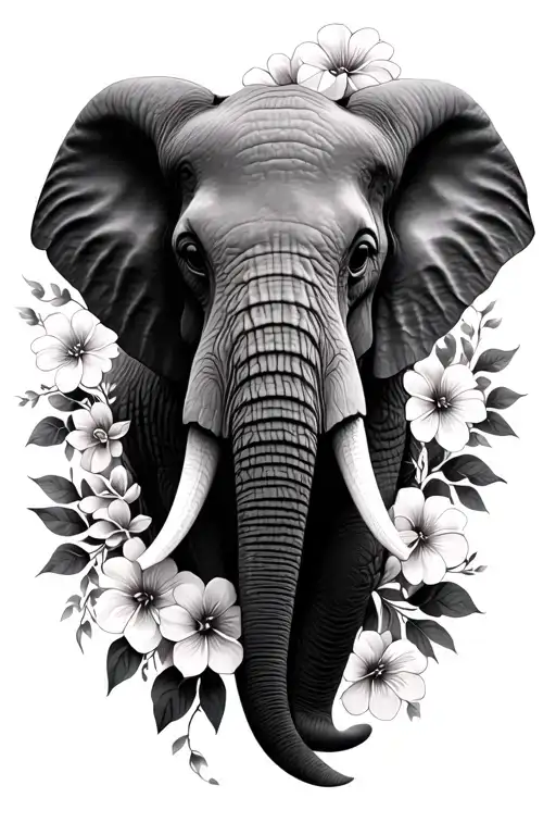 realistic elephant head with flowers intertwined tattoo design idea