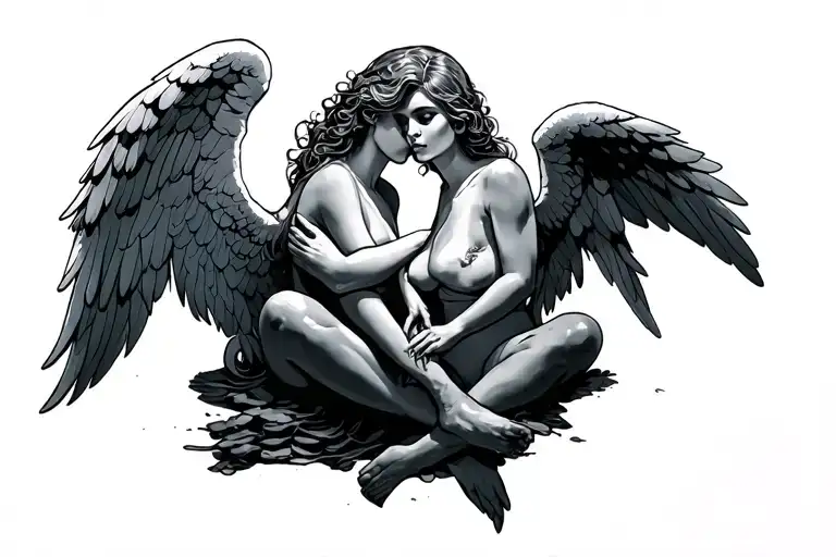 good and bad angel sitting tattoo design idea