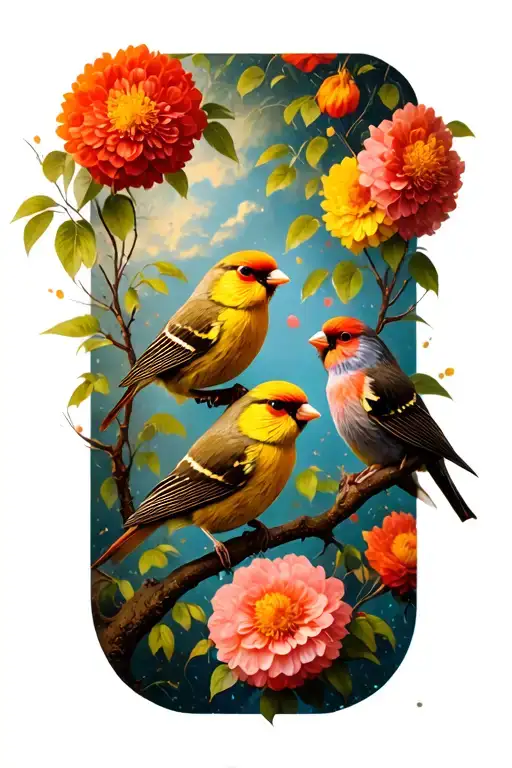 finches perched on flowers with trees in background tattoo design idea