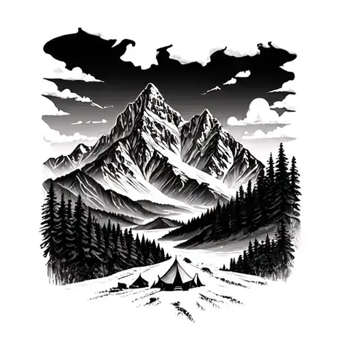 A detailed blackwork tattoo of a majestic mountain range with a tent nestled in the valley below tattoo design idea